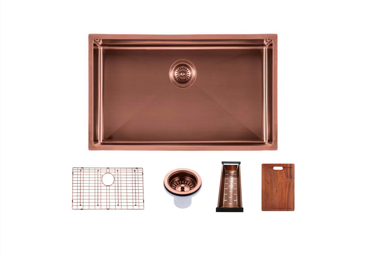 762*457*254mm Rose Gold PVD Hand-made Single Bowl Kitchen Sink(Round Edges)