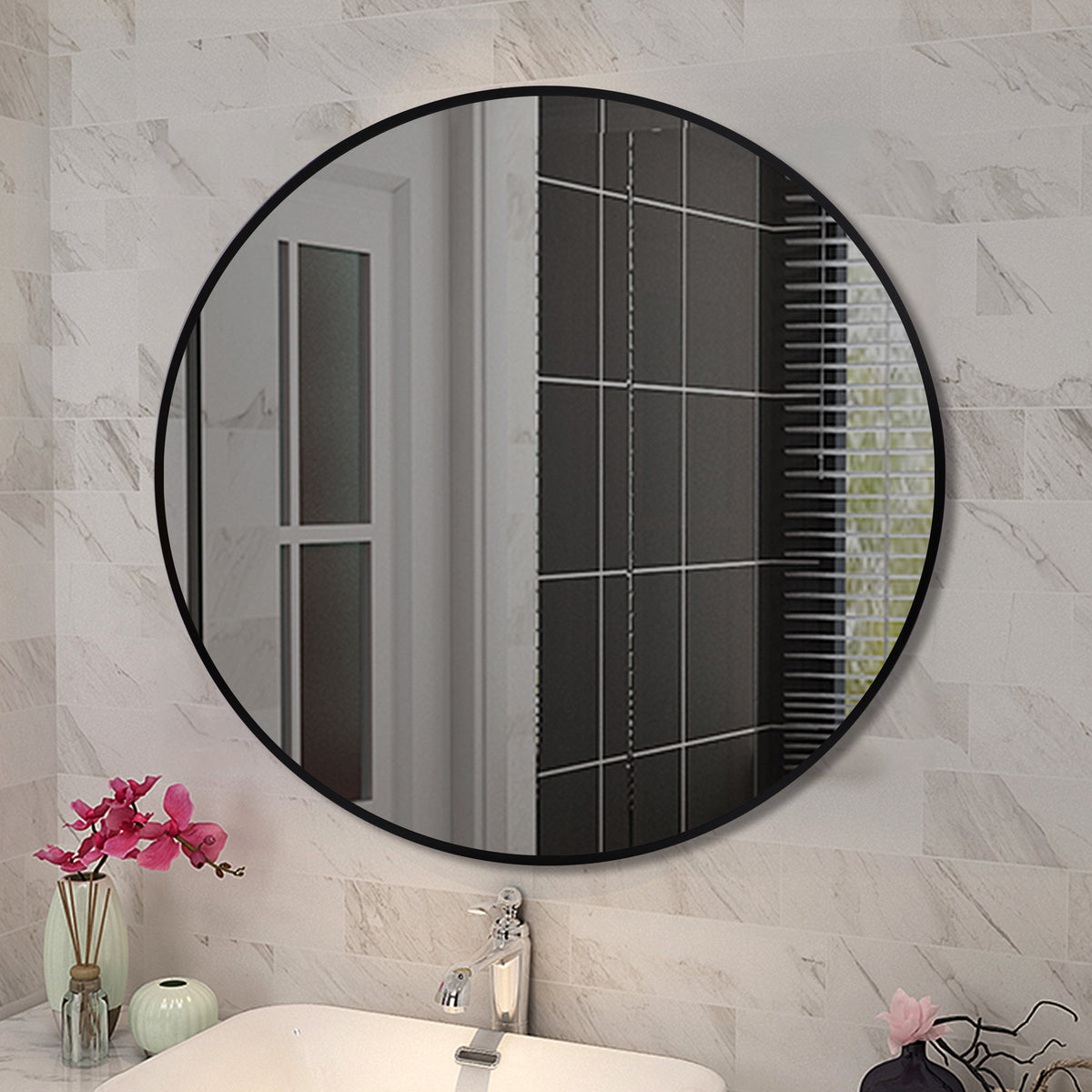 600*40mm Round Black Aluminium Wall Mirror