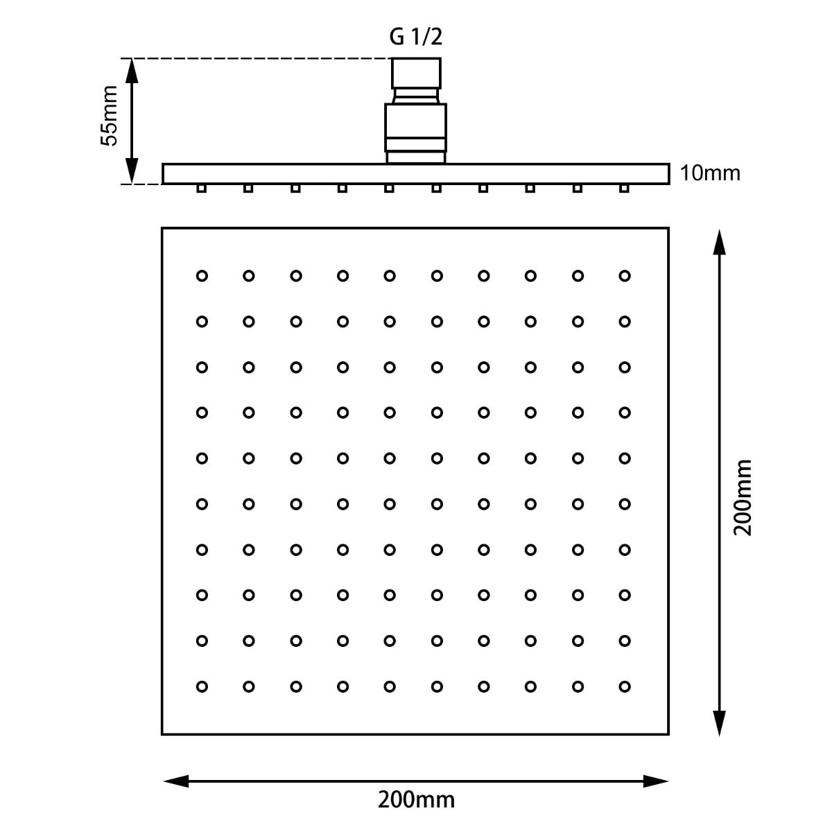 Square Black ABS Rainfall Shower Head 200mm