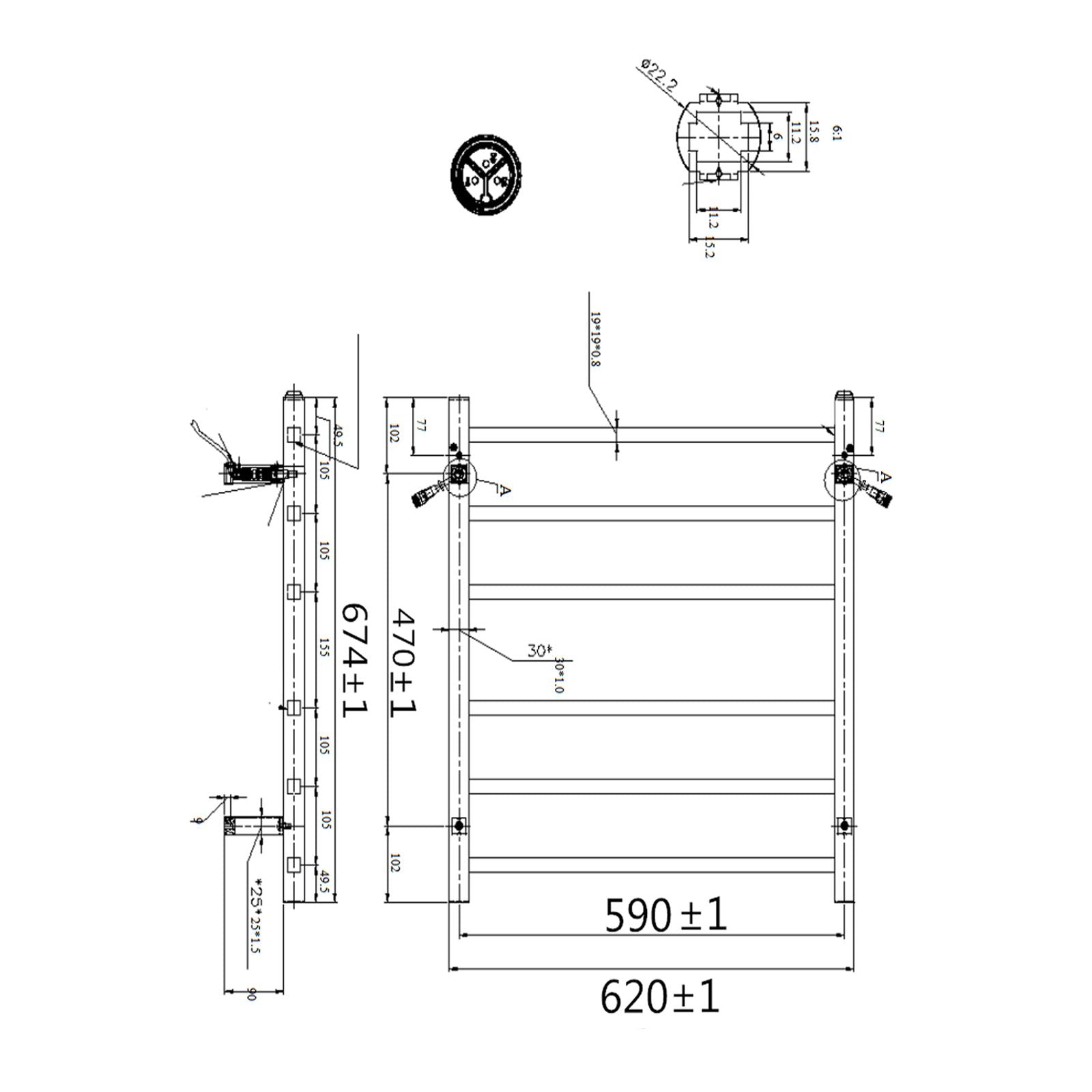 Square Black Electric Heated Towel Rack 6 Bars