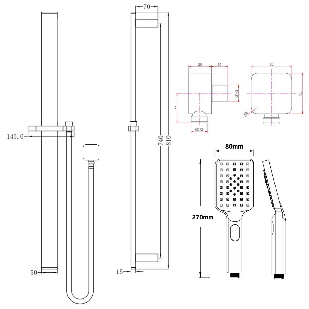 Bellino Brushed Yellow Gold Square Handheld Shower Rail Set