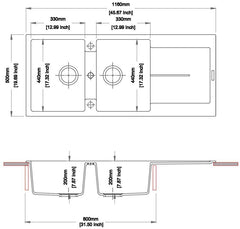 1160 x 500 x 200mm Carysil Enigma D200 Double Bowl with Drainer Board Granite Kitchen Sink Top Mount